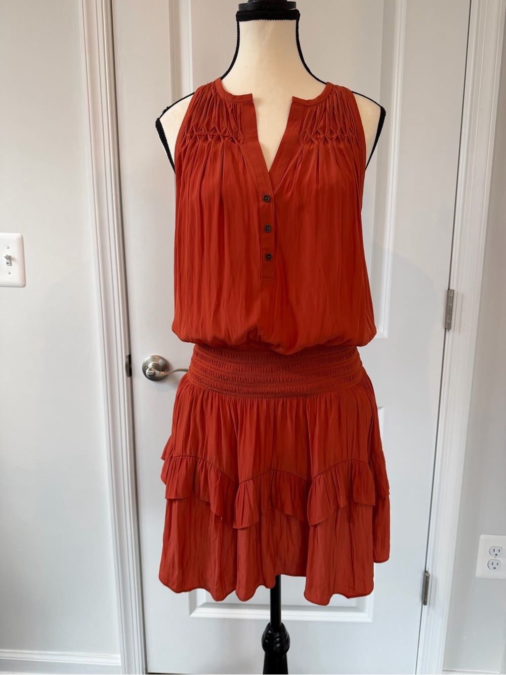 Ramy Brook Rust Sleeveless Tiered Smocked Waist Mini Dress
